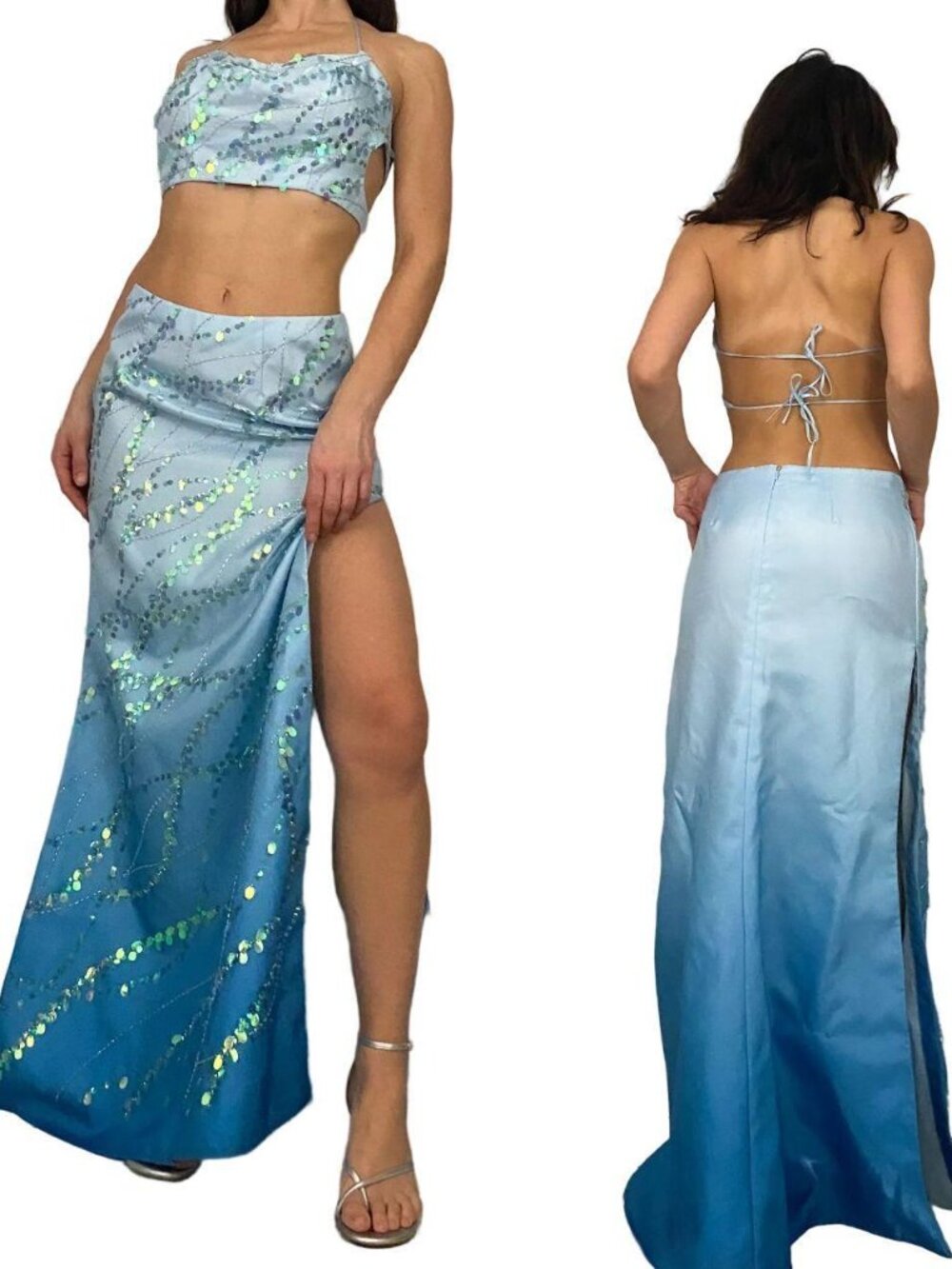 y2k aquamarine blue ombre embellished maxi skirt and strappy top set